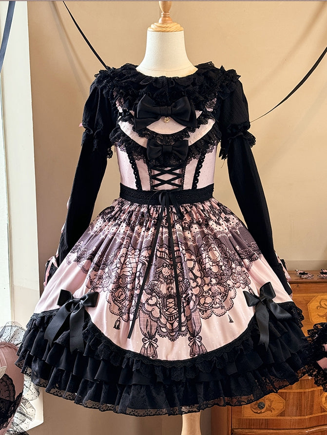 Black and Pink Kitty Bunny Print Tiered Sweet Dress - Mademoiselle Pearl