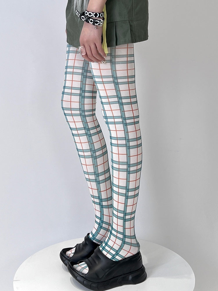 Tights Plaid Y2K WhiteGreen/Purple