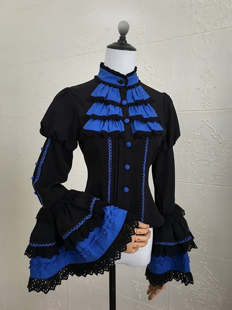 Klein Blau Hemd Ärmel Gothic Schwarz Lolita Glocke und