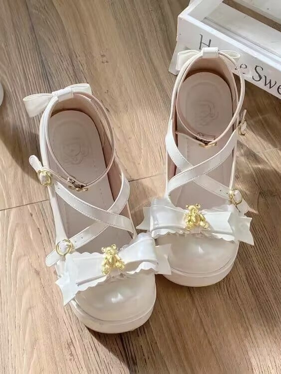 - White Leather Design Heel Lolita Shoes PU with Crisscross for Block High
