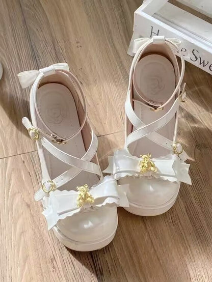 - White Leather Design Heel Lolita Shoes PU with Crisscross for Block High