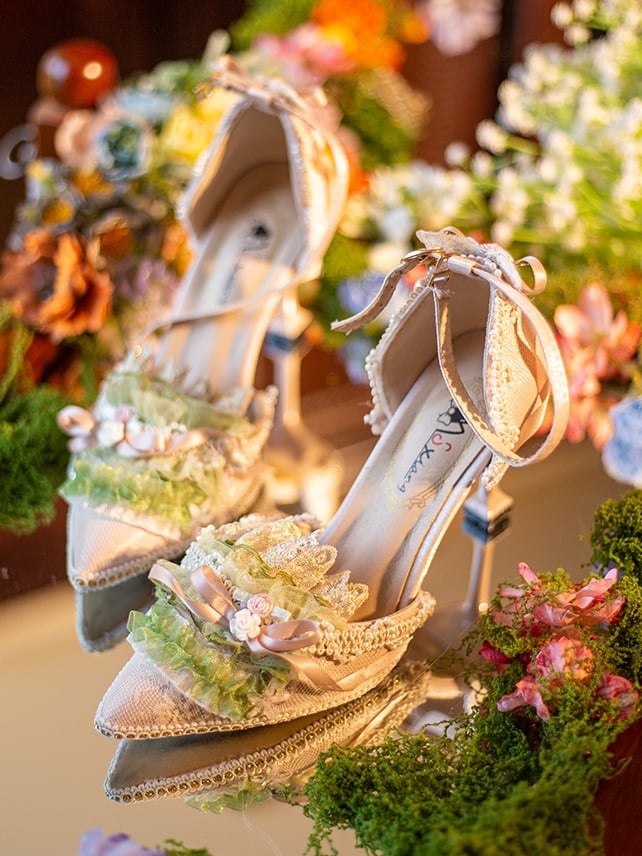 Decorated Floral Knotted Accent Bow Heels Pointed Green Toe Design High Beaded 5CM/8CM