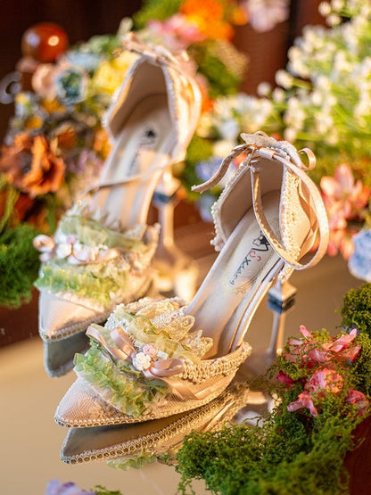 Decorated Floral Knotted Accent Bow Heels Pointed Green Toe Design High Beaded 5CM/8CM