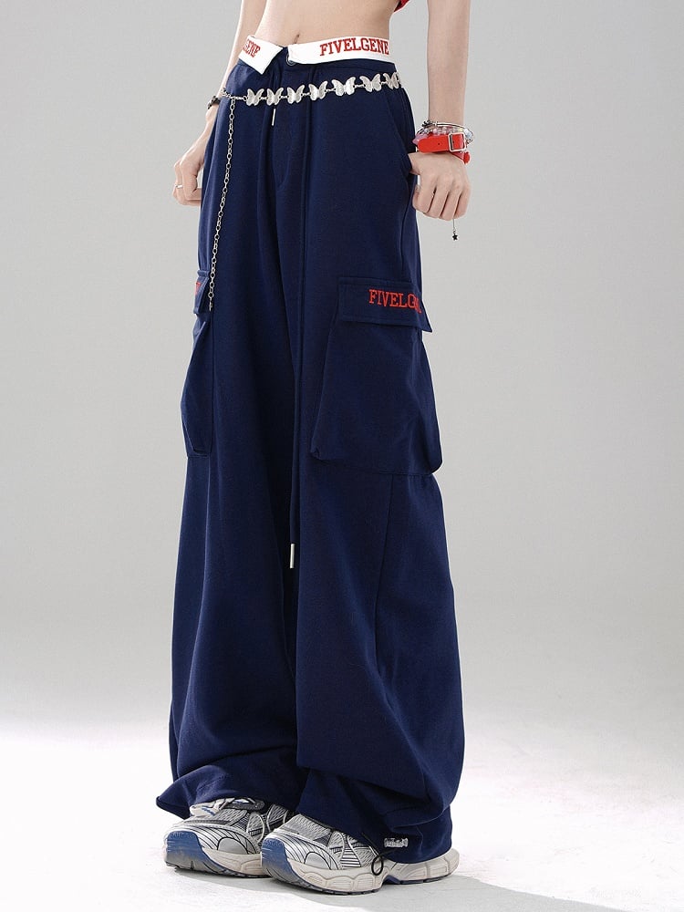 Klein Blue Wide-Leg Pants with Lettered Pocket Flaps and Foldover Waistband