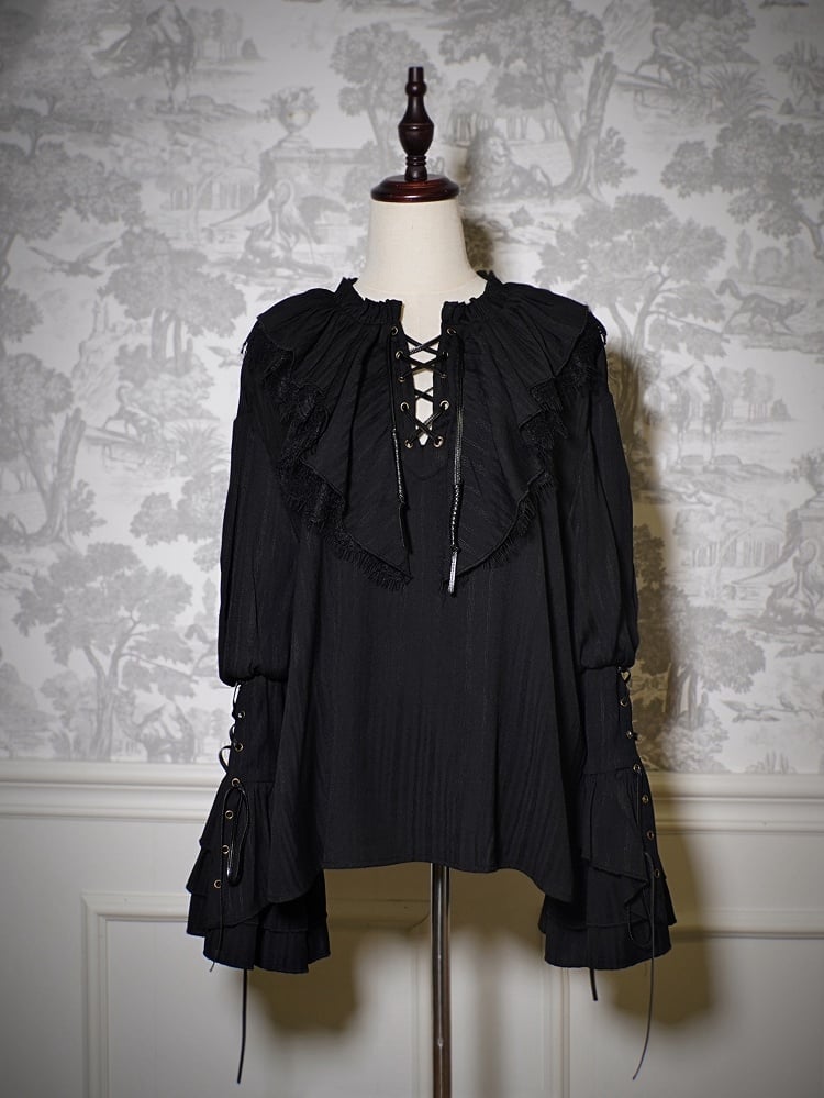 Ouji Ärmeldetails mit Schnürung Long Vibes Pirate Lolita Shirt Schwarz