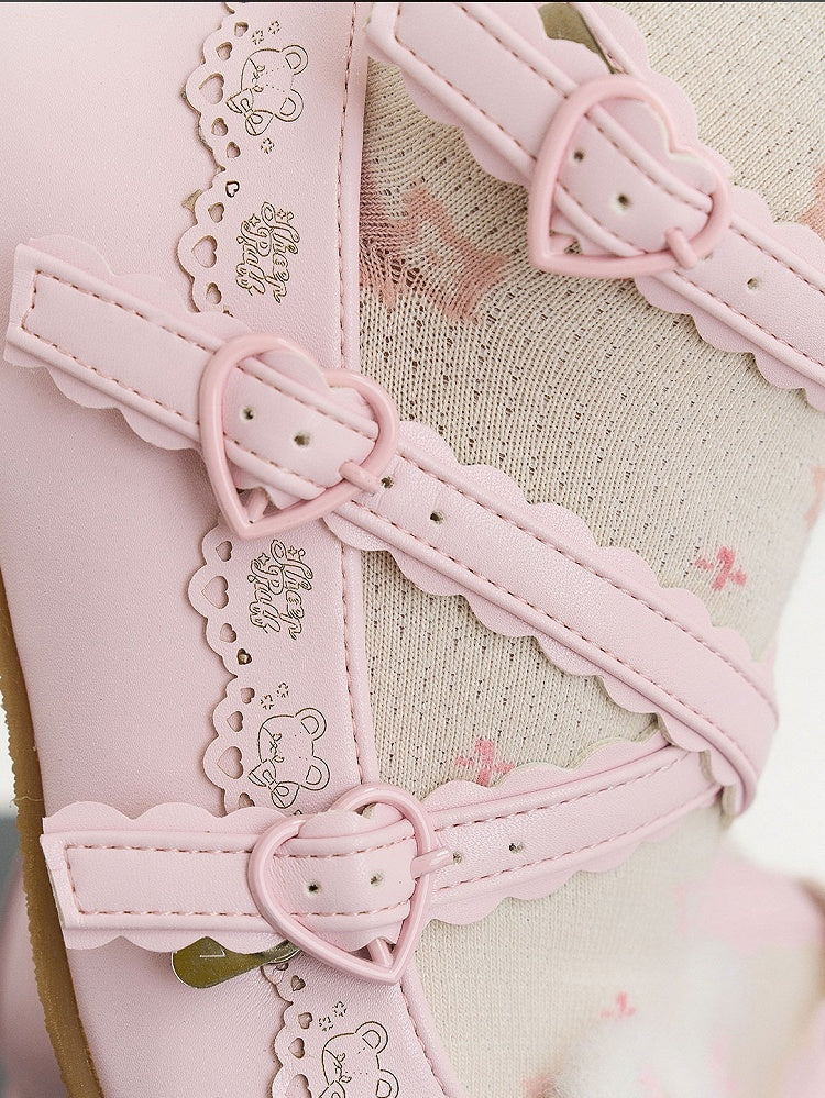 Bear Design Lolita Ear - Sweet Buttons Plush Janes Heart Adjustable Mary Crisscross with Bow Pink PU Snap