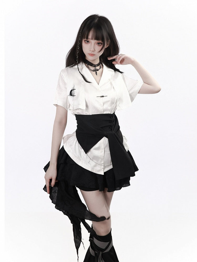 White Fake Two-Piece Herringbone Short Sleeve Shirt - PINK SAVIOR