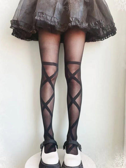 Black/White Lolita Pantyhose Semi-sheer Banded Crisscorss Print