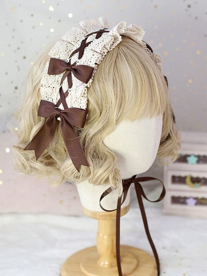 Adorable Options Sweet Lolita Coffee-Colored 2 Hairband - Bowknot With Available Lace