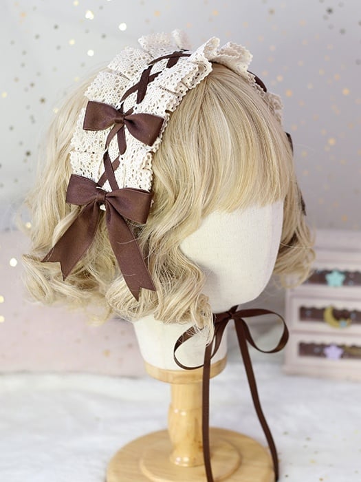 Adorable Options Sweet Lolita Coffee-Colored 2 Hairband - Bowknot With Available Lace