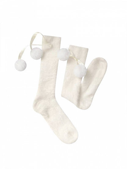 White/Red Bow Pompons Lolita Under Knee Stockings