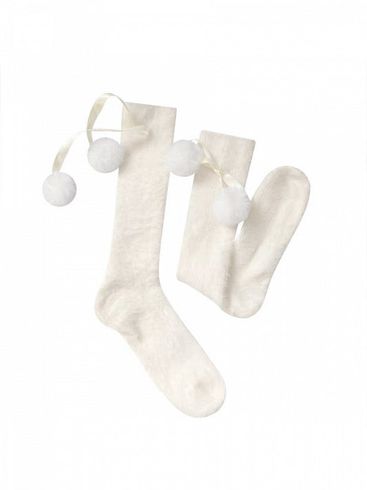 Weiß/Rote Lolita-Kniestrümpfe mit Schleifen-Pompons