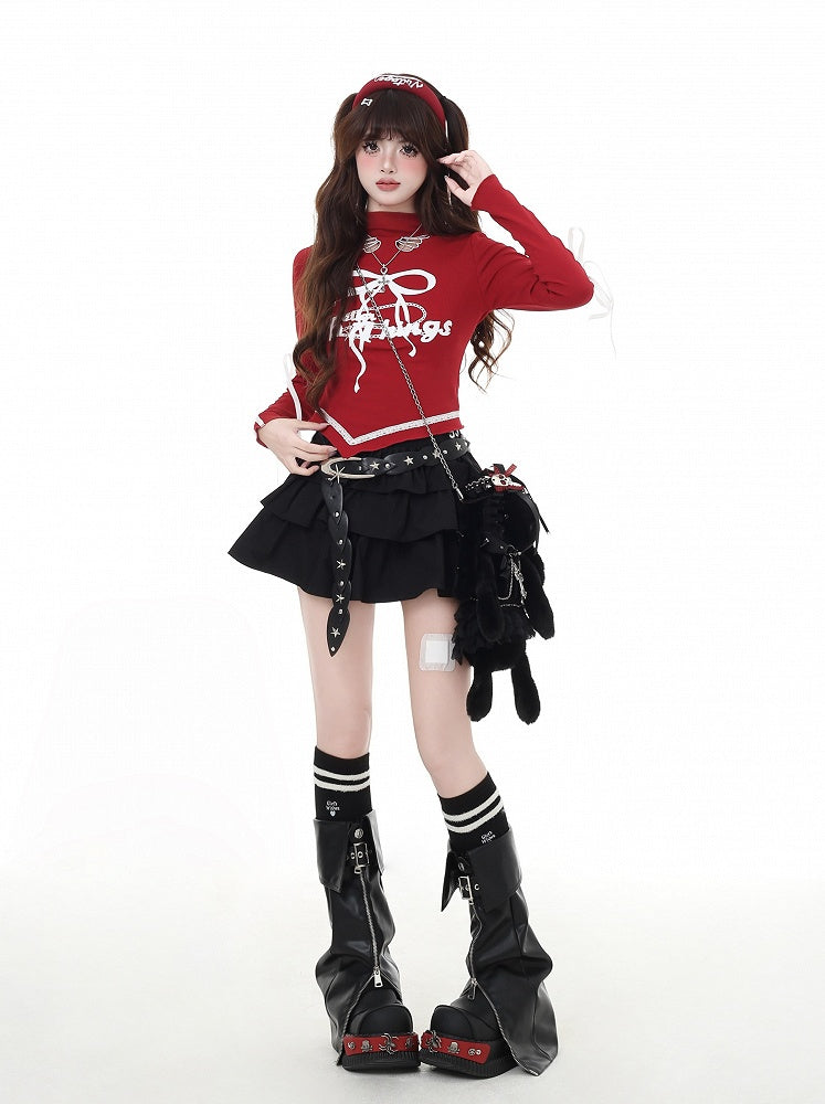 プリントカットアウト、蝶結び、カーブヘム、レッド/ブラック、モックウィングシェイプ、ヴィンテージネック