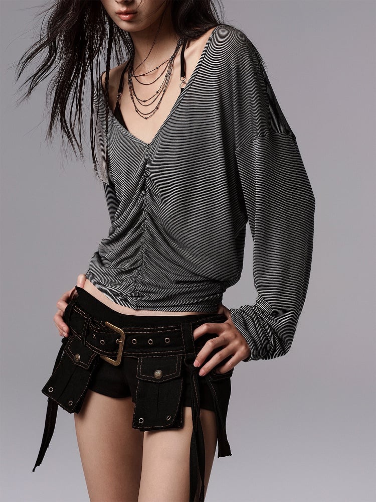 Gray Top Vintage Long Sleeve Ruched Stripped Design - V-neck