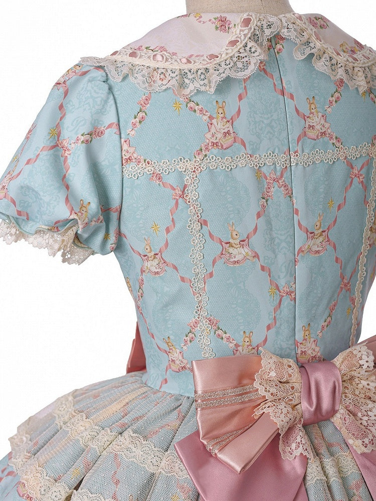 Peter Pan Collar Short-Sleeve OP Dress in Sweet Blue & Pink with Toy Bed Print - Alice Girl