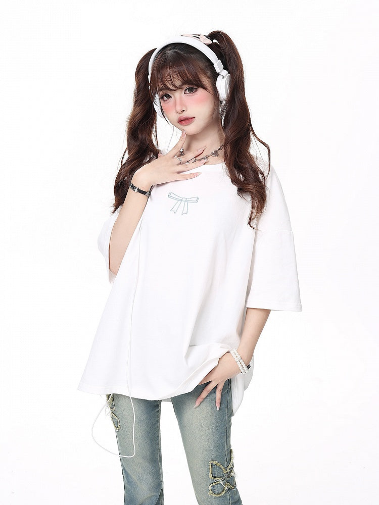 Details Multi-Color Print T-shirt Lacing White Back with Ribbons Bow