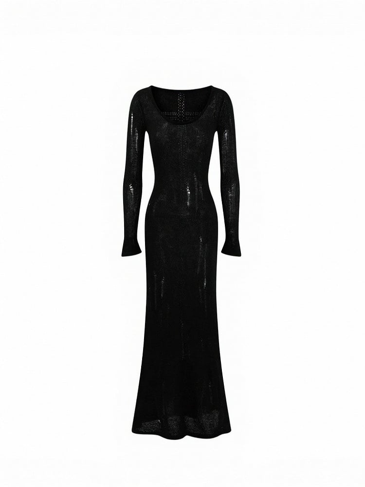 Black Long Sleeve Distressed Dress with Cutout Cross Back - Low pixel