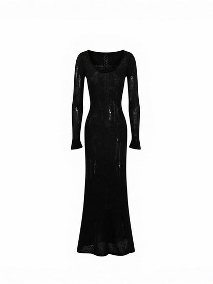 Black Long Sleeve Distressed Dress with Cutout Cross Back - Low pixel
