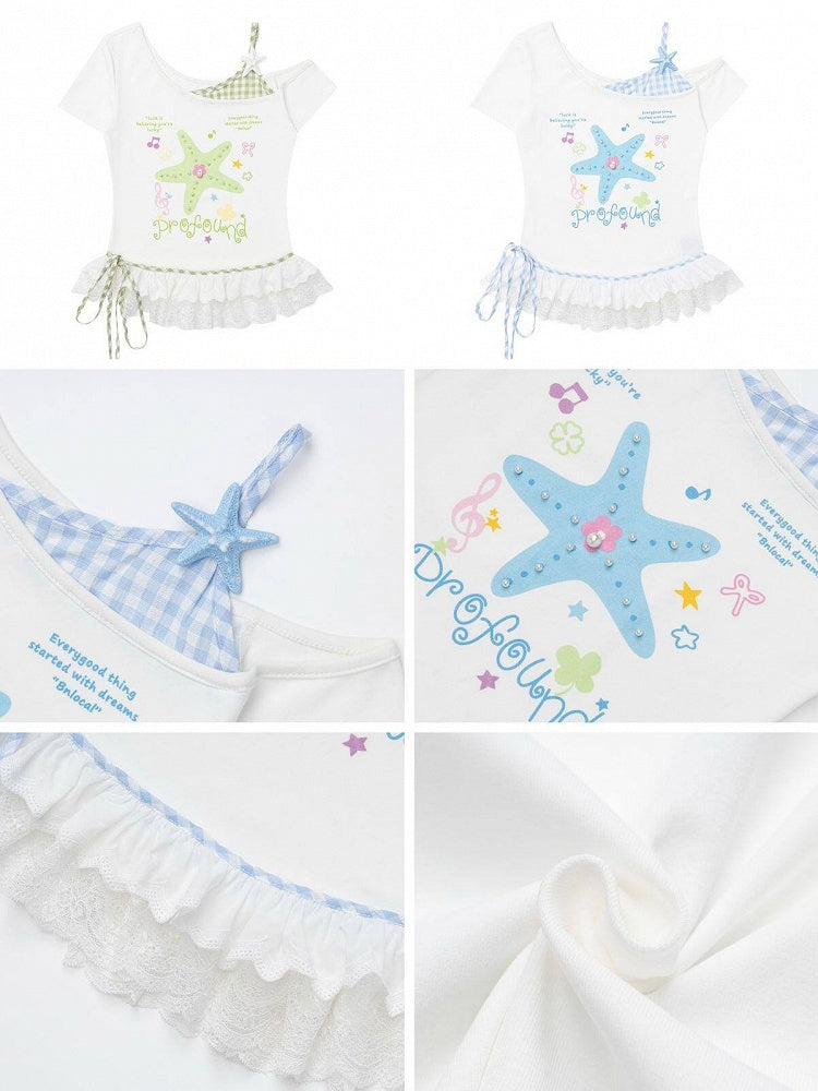 Blue Starfish Print Off-Shoulder Tee with Lace Hem - CRAZY GIRL