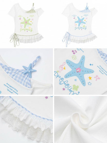 Blue Starfish Print Off-Shoulder Tee with Lace Hem - CRAZY GIRL