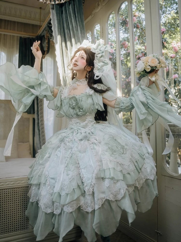 Hanayome Short Lolita Flowing Accents Dress Green Layered Version JSK Ruffles with Light Rose