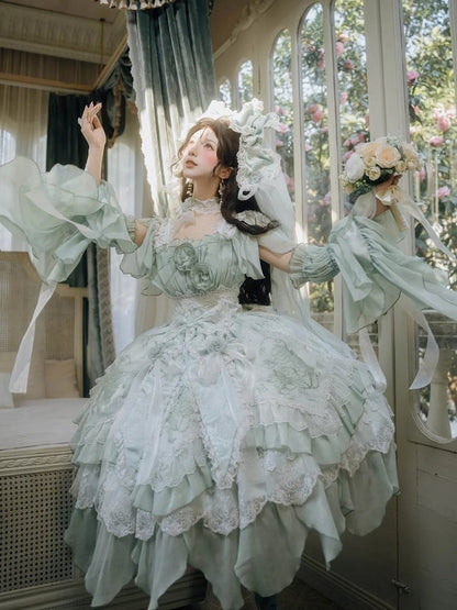 Hanayome Short Lolita Flowing Accents Dress Green Layered Version JSK Ruffles with Light Rose