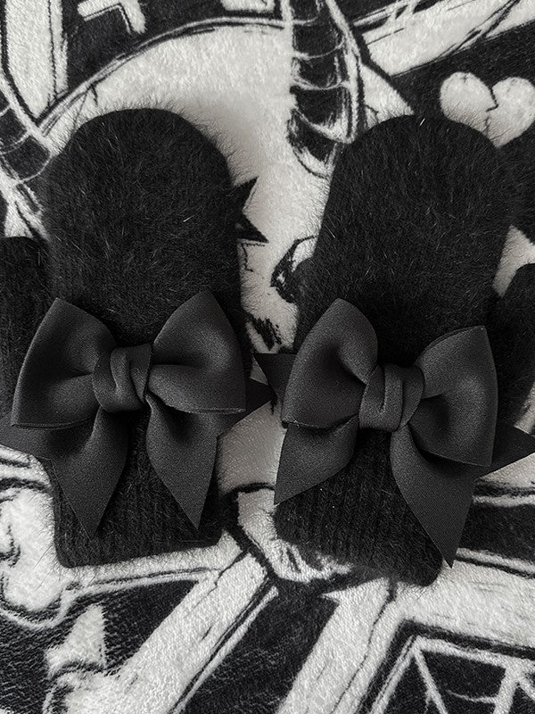 Full-finger Details Gothic Gloves Black Bowknot