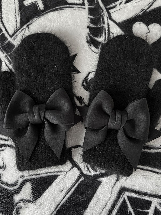Full-finger Details Gothic Gloves Black Bowknot