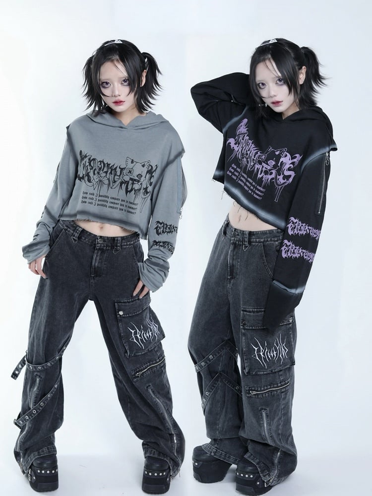 Dark Style Grey Cat Symbol Graphic Cropped Hoodie with Shoulder Zip Design - Tribuo Flos