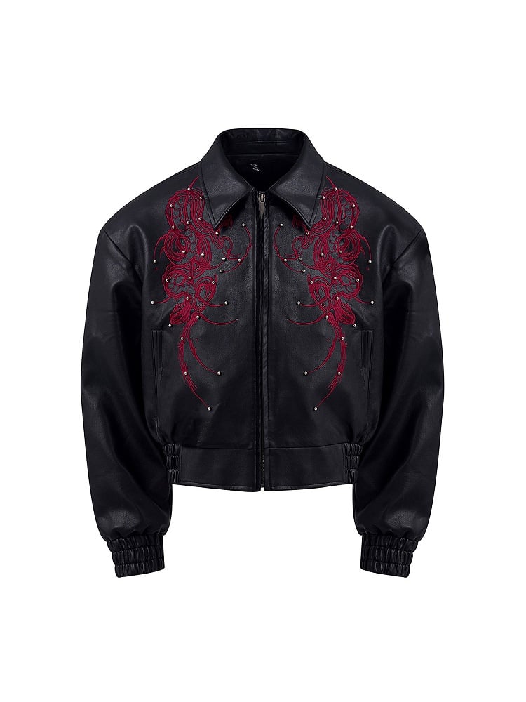 Embroidery Cropped Details with Men's Jacket Studded Thorn PU Black Snake
