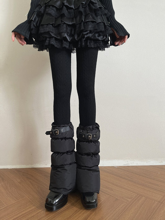 Puffer Buckle Leather Decoration Leg Black with Punk Warmers