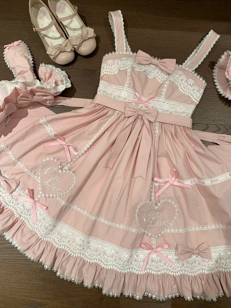 Rock Sweetheart Weiß Lolita Jumper Old Dress School Applikation Baumwolle Rosa und
