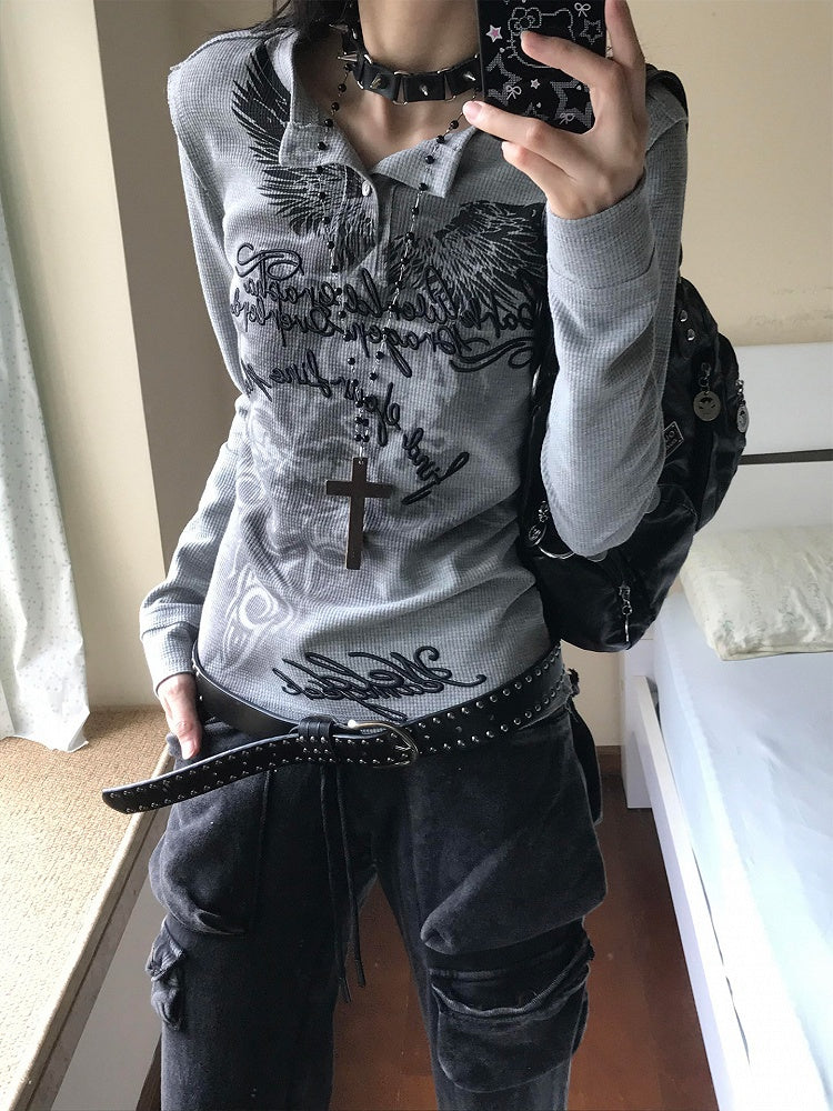 Neck Henley Top Print Tribal Letter Vintage Embroidery with Gray