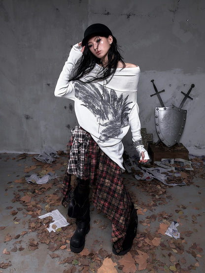 Studded Hoodie Neck Beige Punk Wing Off-Shoulder Wasteland Cowl Convertible with Design Print