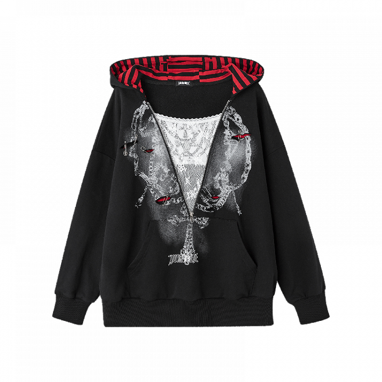 Two-pieces Hoodie Graphic Accents Holes Y2K Black Distressed Pin Faux
