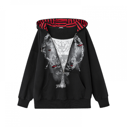Two-pieces Hoodie Graphic Accents Holes Y2K Black Distressed Pin Faux