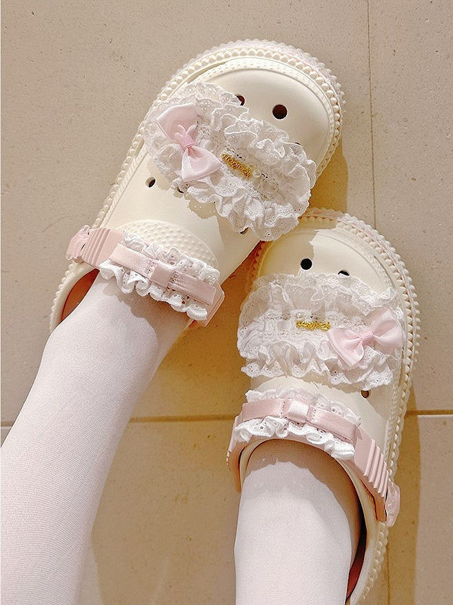 Details Bow Beige - Pink Clogs Sweet Lolita
