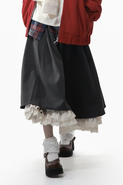 with Ruffle Tiered Waist Gray Hem Skirt Kawaii Elastic Daily