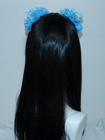 Details Crown Blue Cat Design with Rhinestone Ear Floral Hairclips