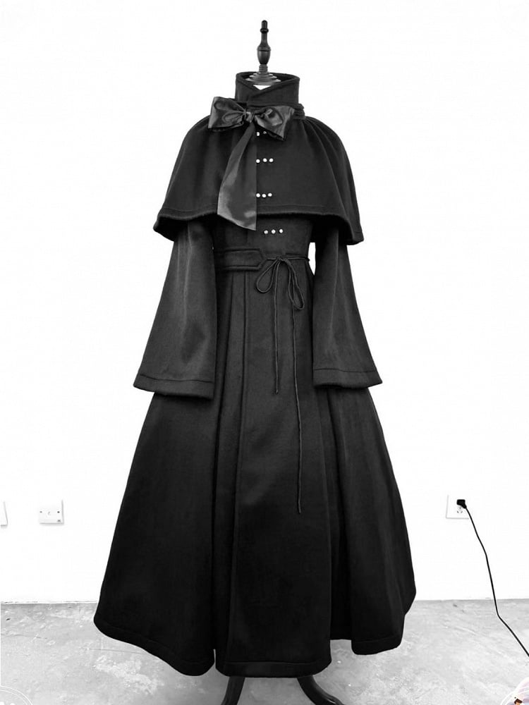 Gothic High and Cape Collar Black Lolita Woolen Furry with Detachable Coat Cuffs Winter