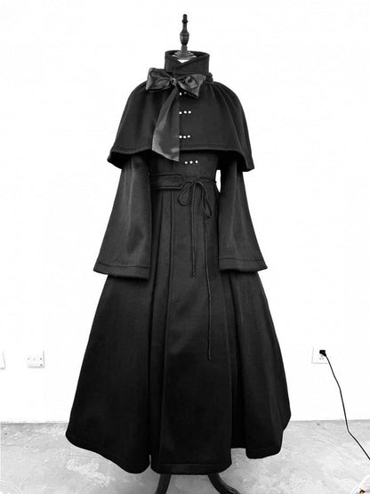 Gothic High and Cape Collar Black Lolita Woolen Furry with Detachable Coat Cuffs Winter
