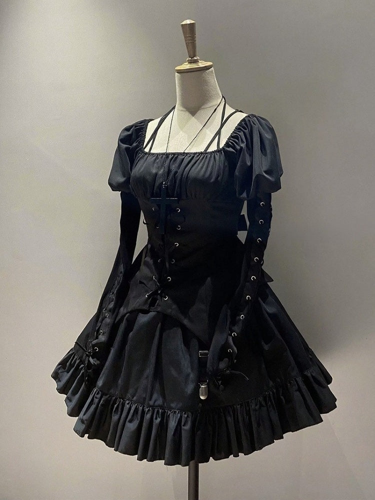 Black Punk Halter Long Sleeve Drawstring Lolita Top with Skirt Set - NanaRiot