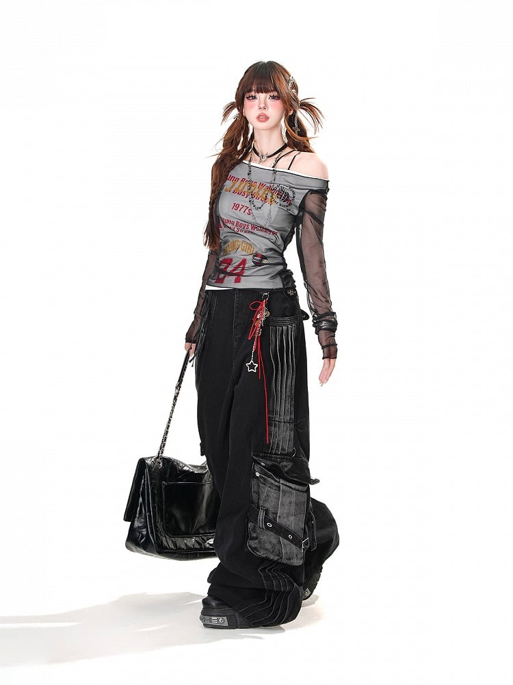 Black/White Number Glamorous Top with Mesh Overtop