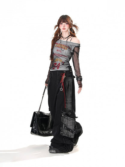 Black/White Number Glamorous Top with Mesh Overtop