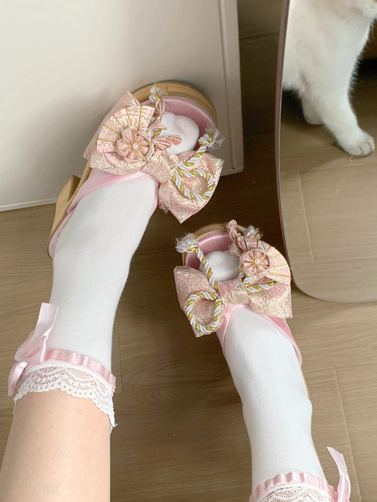 Pink Wa Lolita Platform Clogs with Big Bow and Floral Details - Aimee