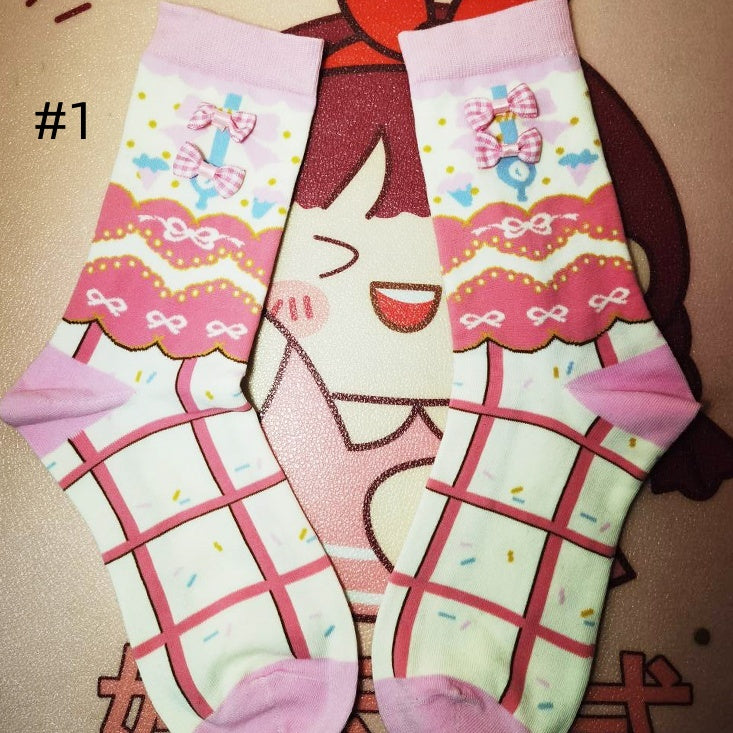 Pink Sweet Lolita Bowknot Plaid Calf Socks