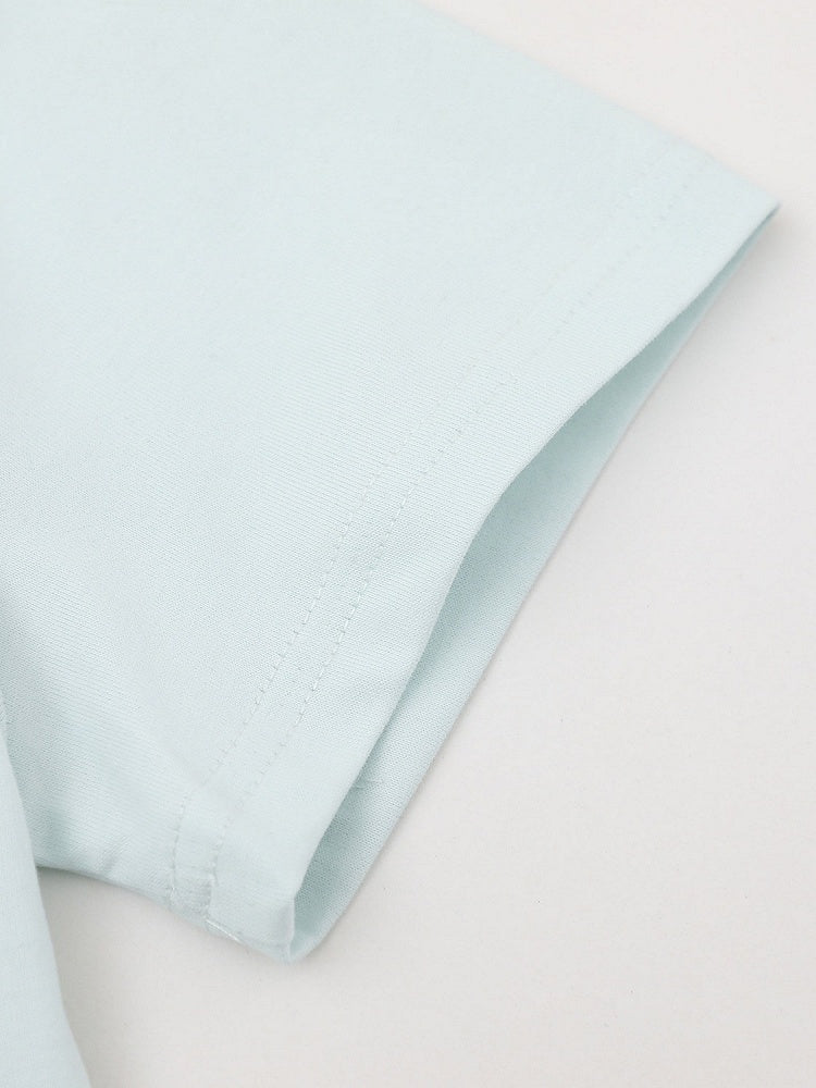Preppy Fake Two-Piece Turn-Down Collar Short Sleeve Top in Light Blue with Plaid Tie and Badges - Languid Park