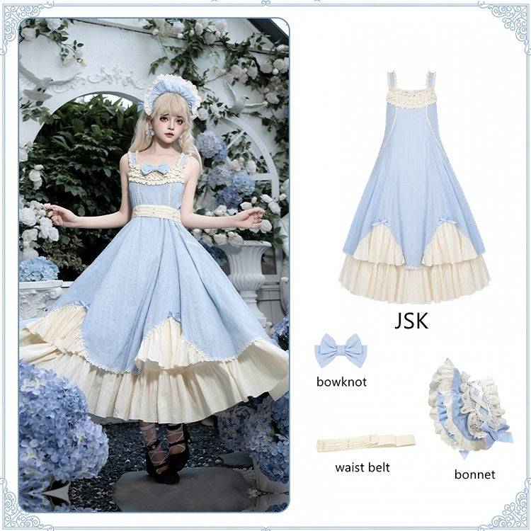 Tea Set and Trims Ruffle Beige Dress Elegant Full Flounce Length Lolita Blue Hem JSK