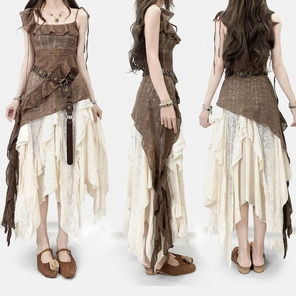 Glockenärmel Saum Weiß Millard Braun + Cardigan Fashion Kleid Asymmetrischer Cami Rock