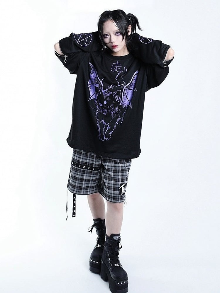 Dark Kawaii Purple & Black Hell Cat Graphic Embroidered Zip Sweatshirt - Tribuo Flos